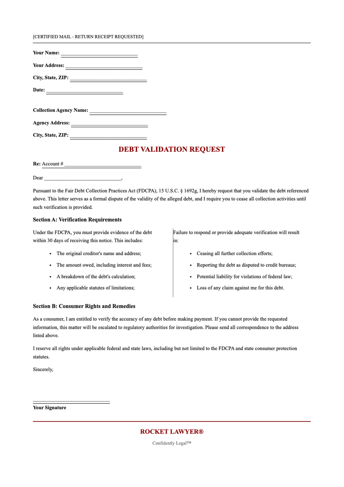 Verification of Debt Request letter under Fair Debt Collection Practices Act with Rocket Lawyer_variant_2